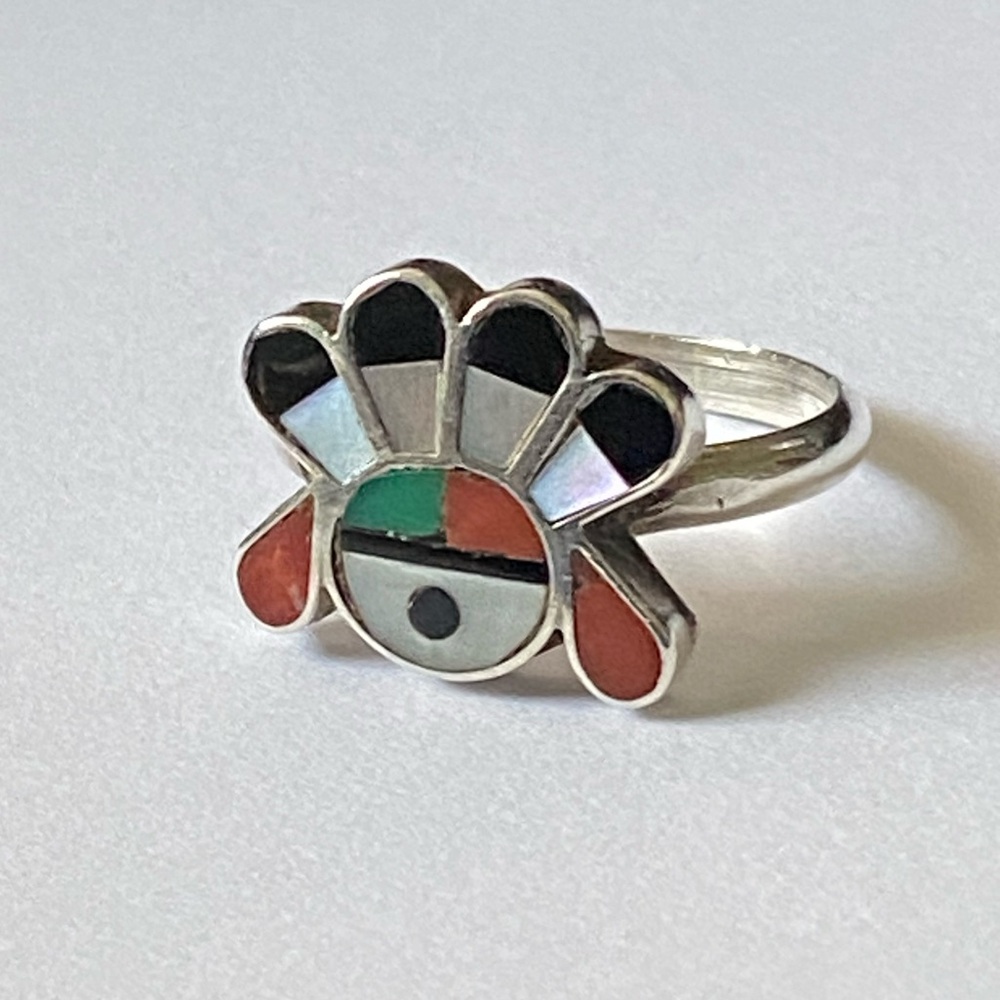 Vintage Zuni Sun Face Ring Native American Multicolor Inlay Sterling Silver Ring